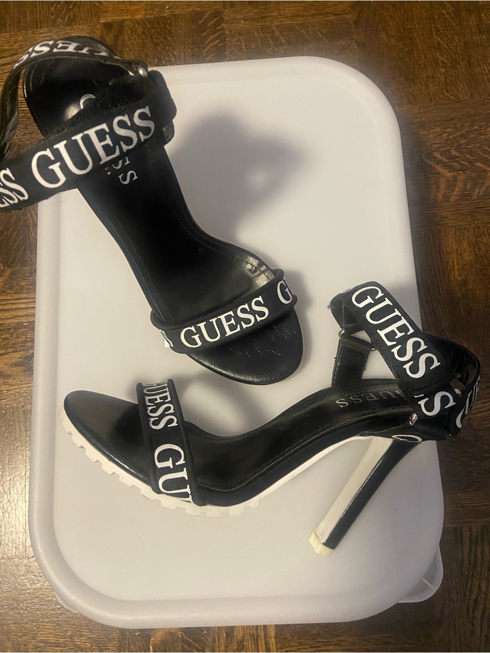 GUESS Black High-Heel Logo Strap Sandals with White Trim